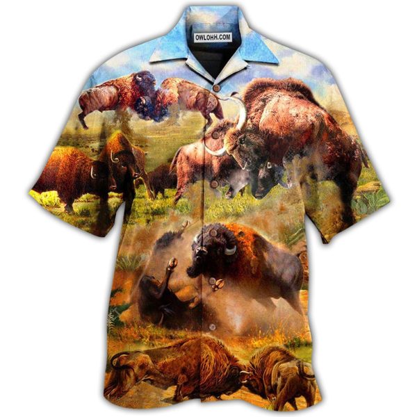 Bison Animals Bison In Wild Battle To Live - Hawaiian Shirt Jezsport.com