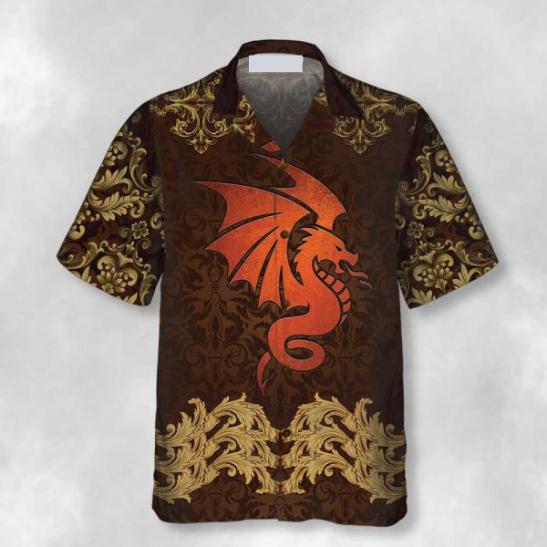 Baroque Dark Brown Dragon Hawaiian Shirt, Vintage Pattern Dragon Shirt Jezsport.com