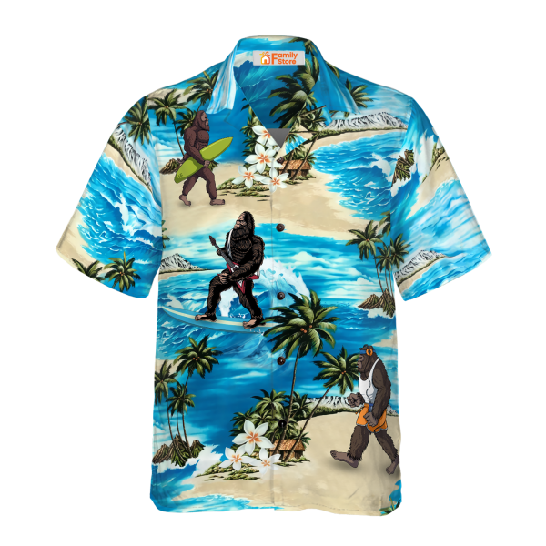 Palm Tree And Flower Blue Ocean Bigfoot Surfing Hawaiian Shirt Jezsport.com