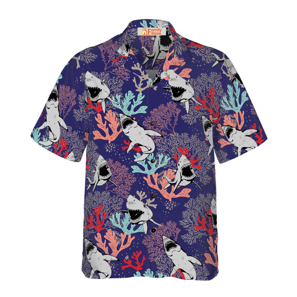 Blue Ocean Coral Sharks Hawaiian Shirt Jezsport.com