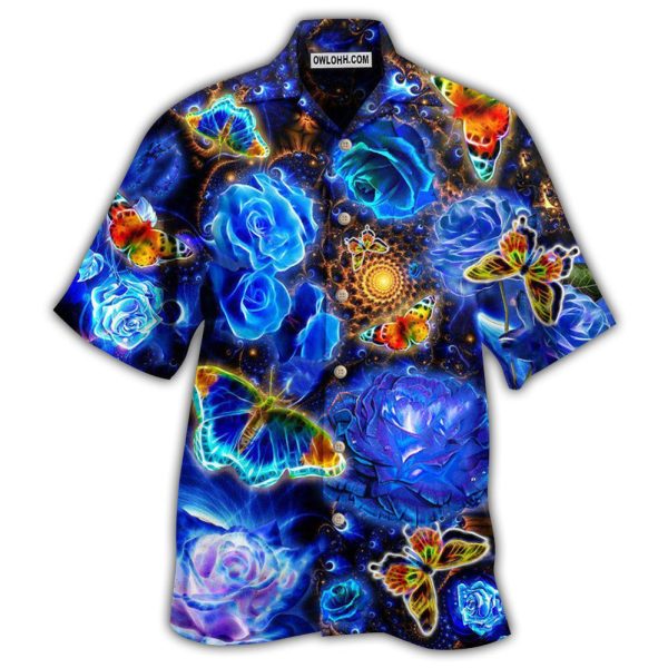 Butterfly Flower Glowing Blue Rose - Hawaiian Shirt Jezsport.com