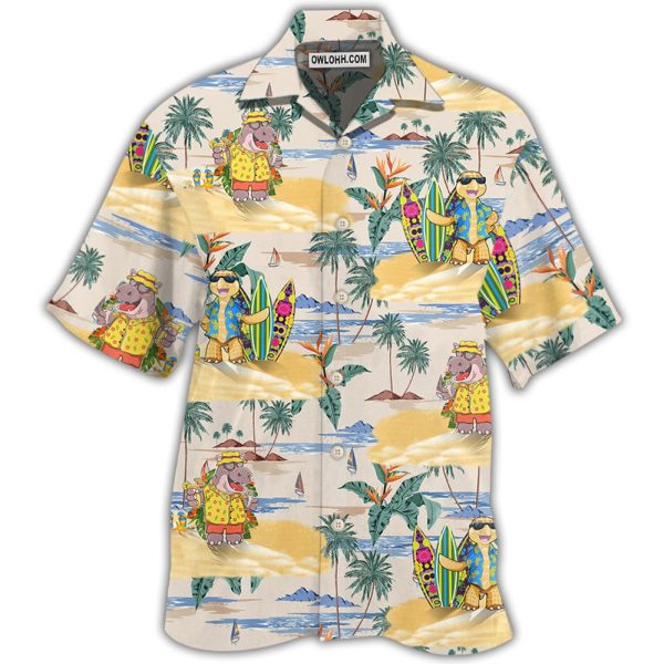 Cartoon Hippo And Turtle Tropical Style - Hawaiian shirt Jezsport.com