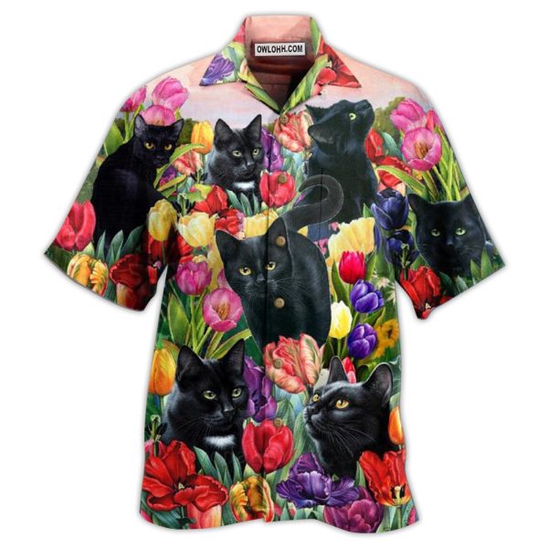 Black Cat Love Flowers Colorfull - Hawaiian Shirt Jezsport.com