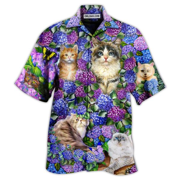 Cat Lovely And Purple Flowers - Hawaiian Shirt Jezsport.com