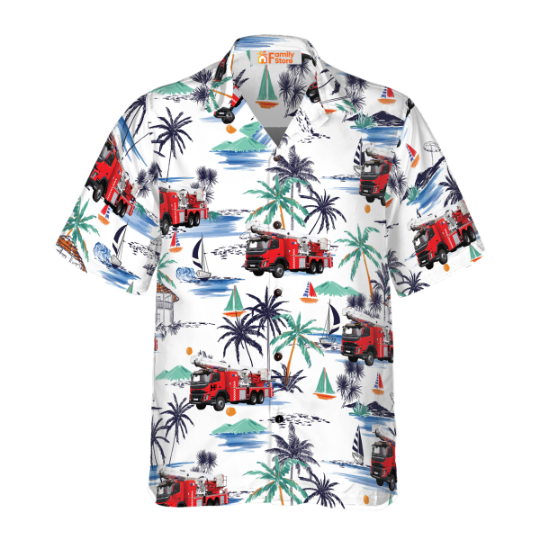 White Tropical Red Fire Truck Firefighter Hawaiian Shirt For Men Jezsport.com