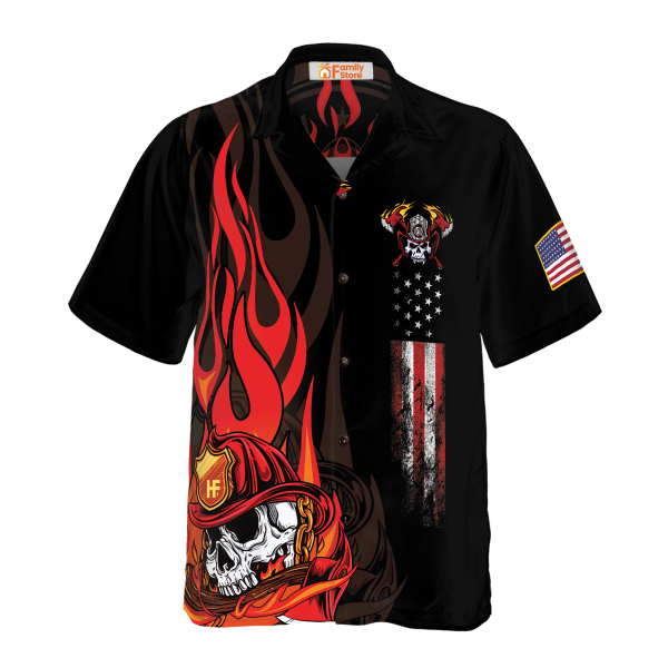 Firefighter Skull Flame Black American Flag - First In Last Out Hawaiian Shirt Jezsport.com