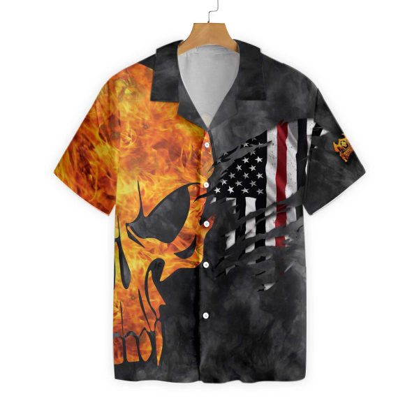 Firefighter And Flame Skull American Flag Hawaiian Shirt Jezsport.com