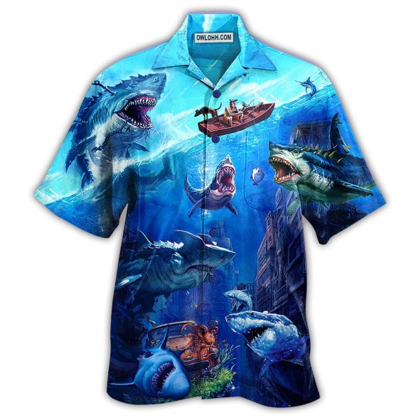 Shark Fishing Shark With Small Ship Blue Ocean - Hawaiian Shirt Jezsport.com