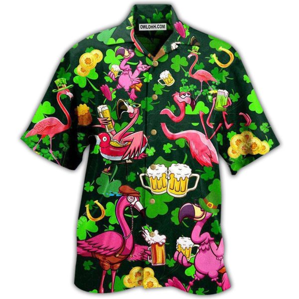 Irish Pink Flamingos Drink Beer Patricks Day Pattern - Hawaiian Shirt Jezsport.com