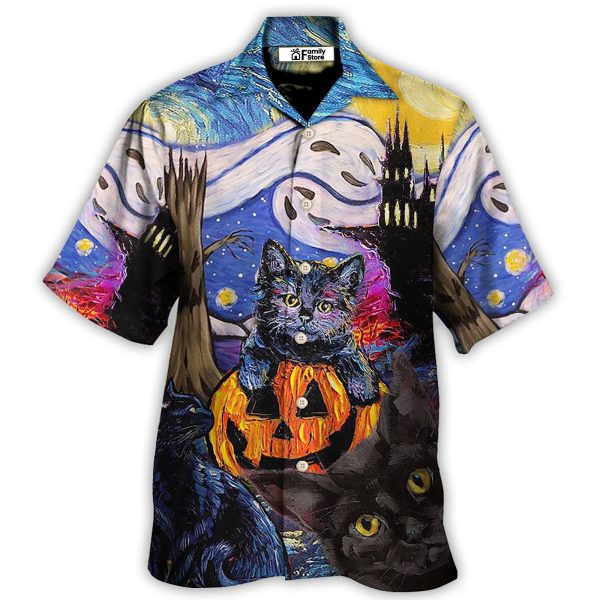 Halloween Black Cat Starry Night Funny Cat Painting Art Style - Hawaiian Shirt Jezsport.com