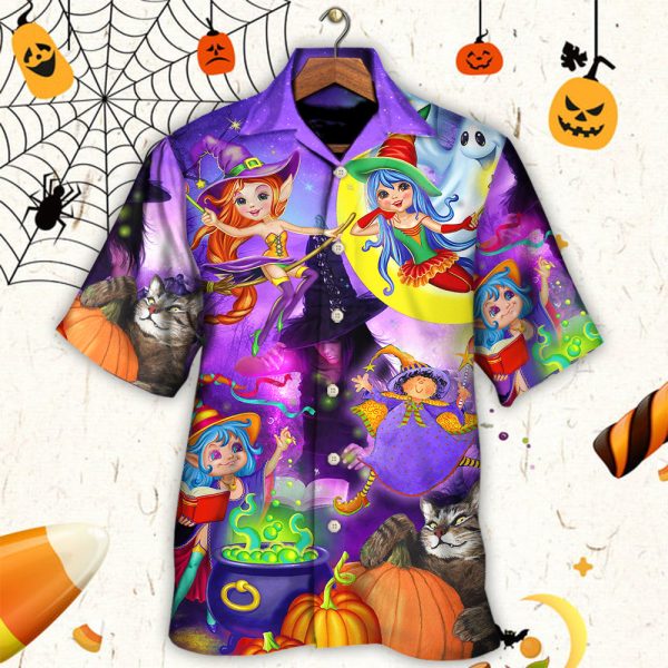 Halloween Funny Witch Ghost Cute Boo In The Magic Forest Art Style - Hawaiian Shirt Jezsport.com