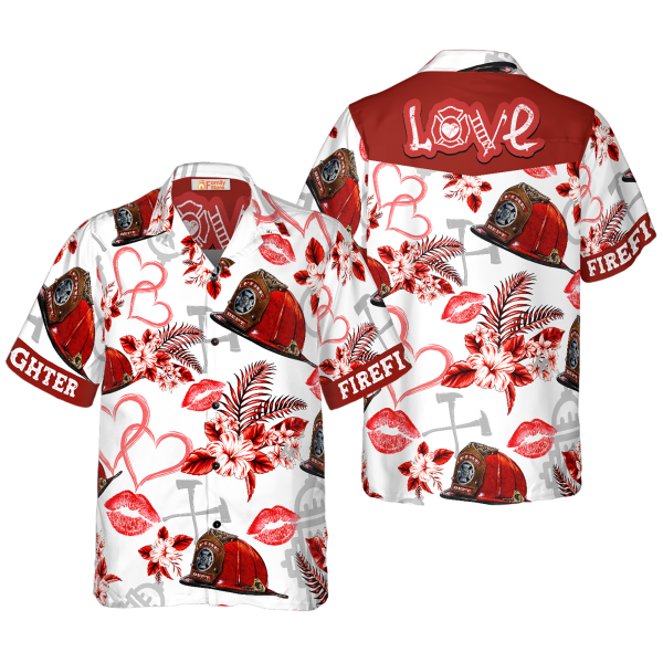 Love Firefighter Helmet Valentine Pink Heart Red Floral Hawaiian Shirt Jezsport.com