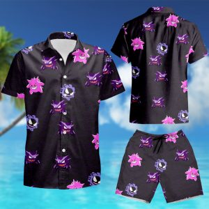 Men Gengar Pokemon Pattern Short Sleeve Hawaiian Shirt summer shirt