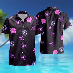 Men Gengar Pokemon Pattern Short Sleeve Hawaiian Shirt summer shirt