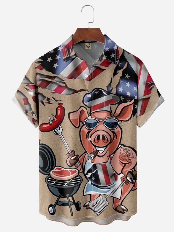 BBQ Pig Cooker Chest Pocket Short Sleeve Casual Shirt Hawaiian Shirt Jezsport.com