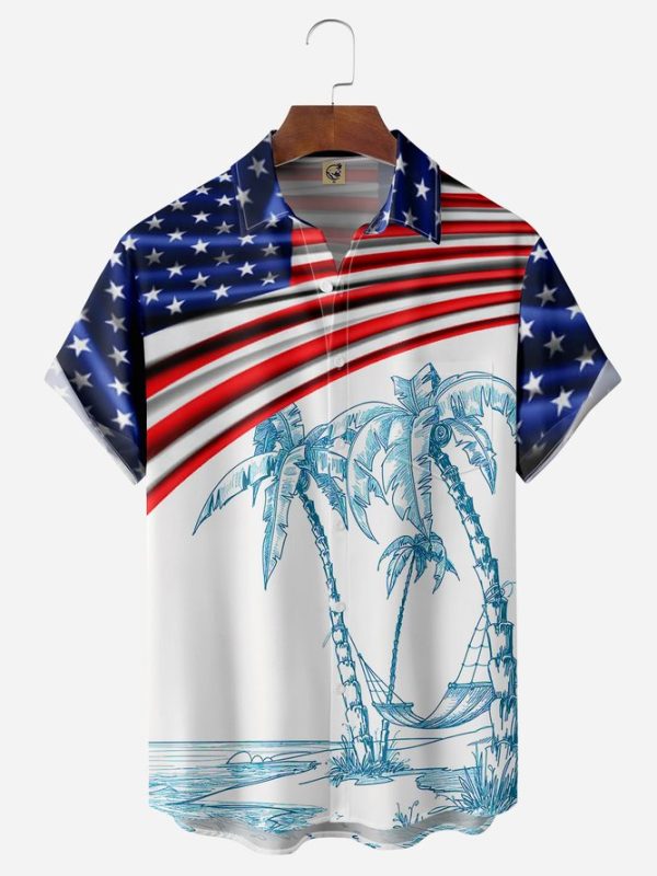 Palm Tree American Flag Chest Pocket Short Sleeve Casual Shirt Hawaiian Shirt Jezsport.com