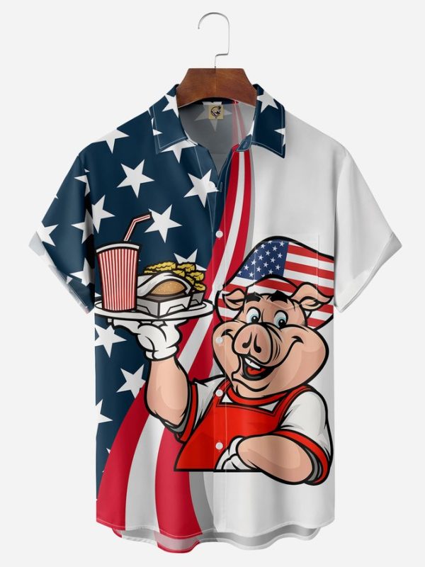 American Flag Fun Pig Chest Pocket Short Sleeve Hawaiian Shirt Jezsport.com