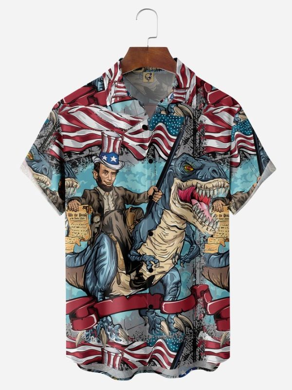 Flag Dinosaur Chest Pocket Short Sleeve Casual Shirt Hawaiian Shirt Jezsport.com