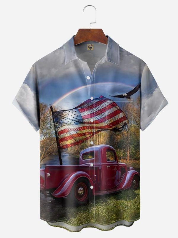 American Flag Truck Chest Pocket Short Sleeve Casual Shirt Hawaiian Shirt Jezsport.com