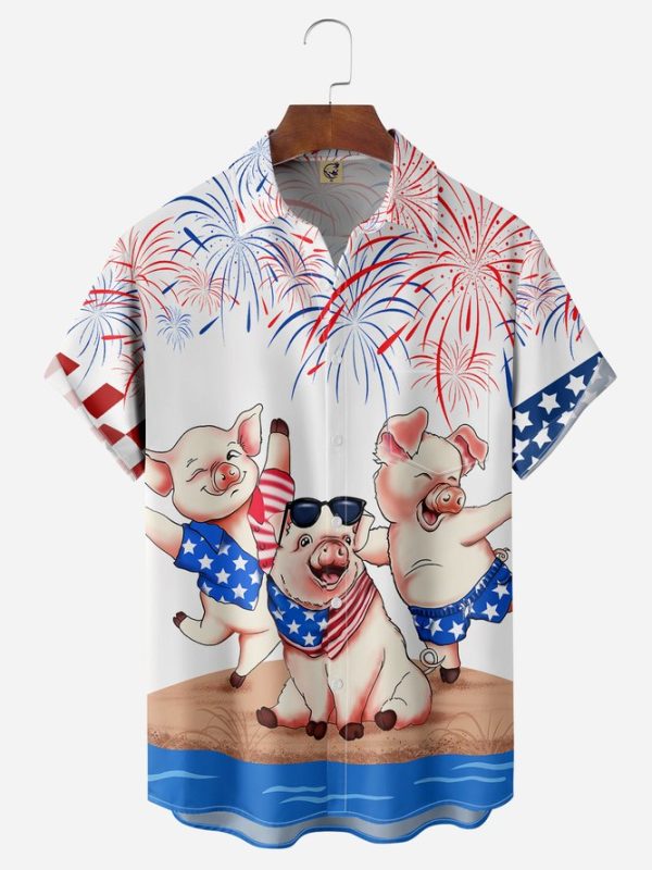 American Flag Pigs Chest Pocket Short Sleeve Casual Shirt Hawaiian Shirt Jezsport.com