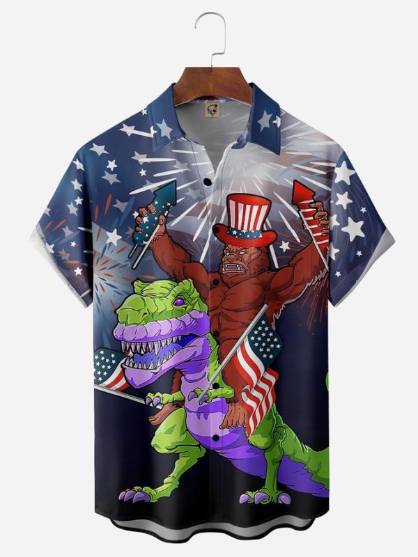 Indepndence Day Flag Dinosaur Chest Pocket Short Sleeve Shirt Hawaiian Shirt Jezsport.com