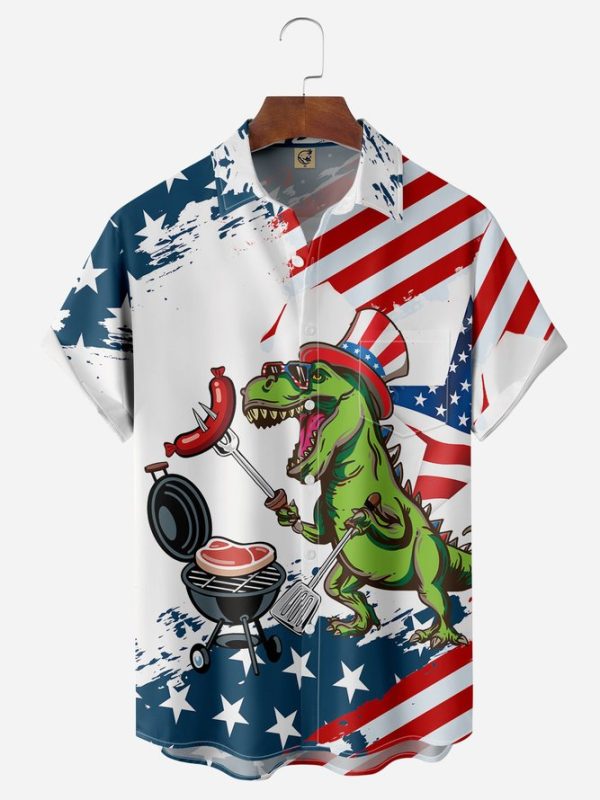 American Flag BBQ Dinosaur Chest Pocket Short Sleeve Shirt Hawaiian Shirt Jezsport.com