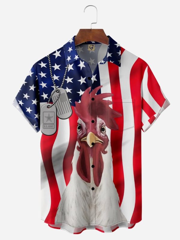 American Flag Fun Rooster Breast Short Sleeve Casual Hawaiian Shirt Jezsport.com