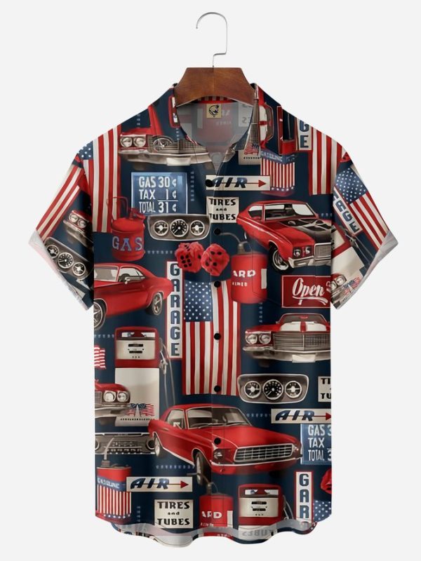 Flag Cars Chest Pockets Short Sleeves Casual Shirts Hawaiian Shirt Jezsport.com