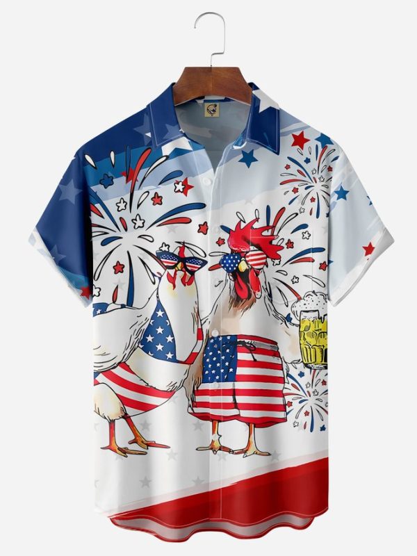 Indepndence Day Flag Chicken Chest Pocket Short Sleeve Shirt Hawaiian Shirt Jezsport.com