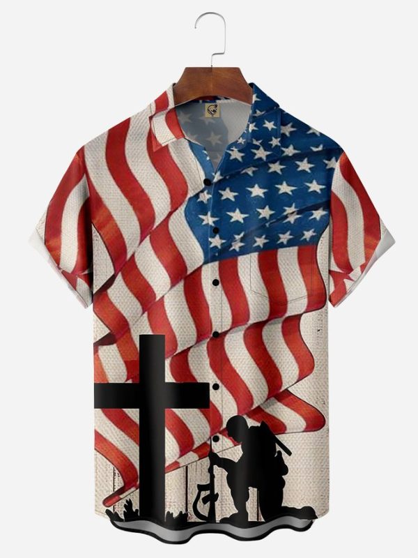 Veterans American Flag Chest Pocket Short Sleeve Shirt Hawaiian Shirt Jezsport.com