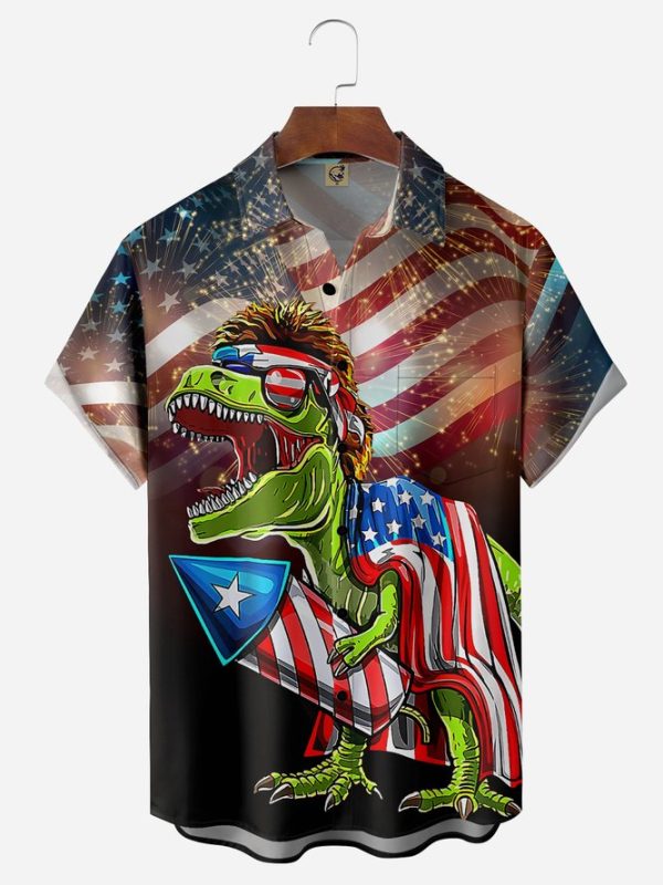 Independence Day Flag Dinosaur Chest Pocket Short Sleeve Shirt Hawaiian Shirt Jezsport.com