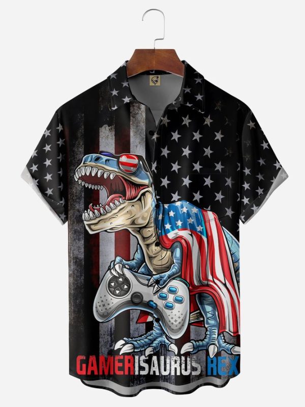 Dinosaur American Flag Chest Pocket Short Sleeve Shirt Hawaiian Shirt Jezsport.com