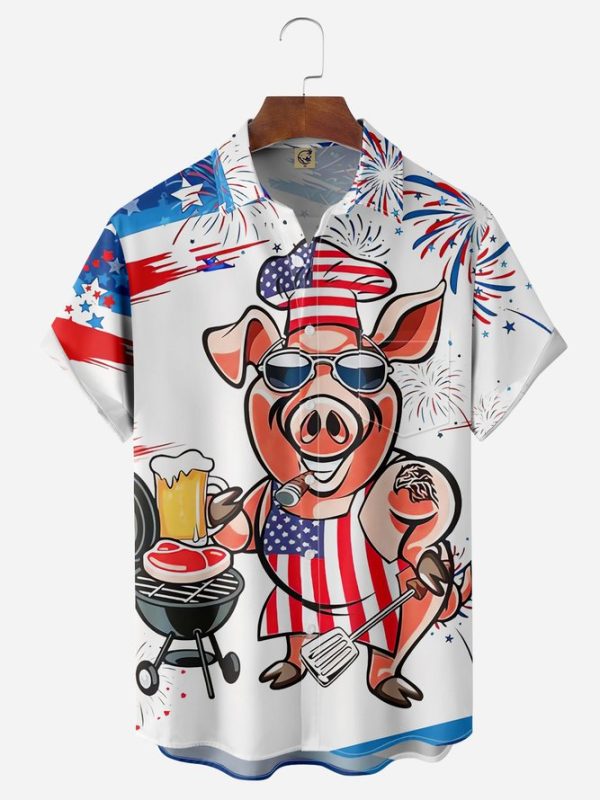 American Flag Mr Pig Cook Chest Pocket Hawaiian Shirt Jezsport.com