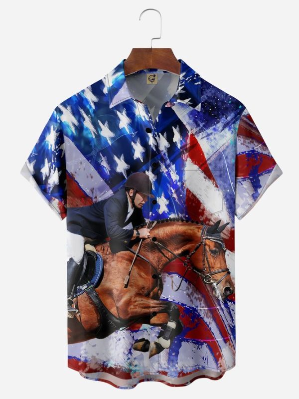 Flag Jockey Chest Pocket Short Sleeves Casual Hawaiian Shirt Jezsport.com