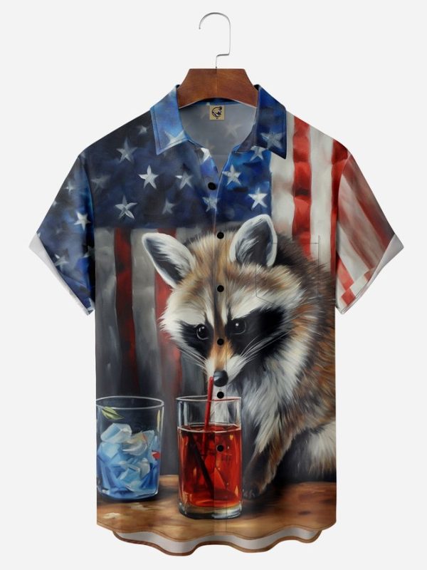 USA Flag Raccoon Chest Pocket Short Sleeve Casual Shirt Hawaiian Shirt Jezsport.com