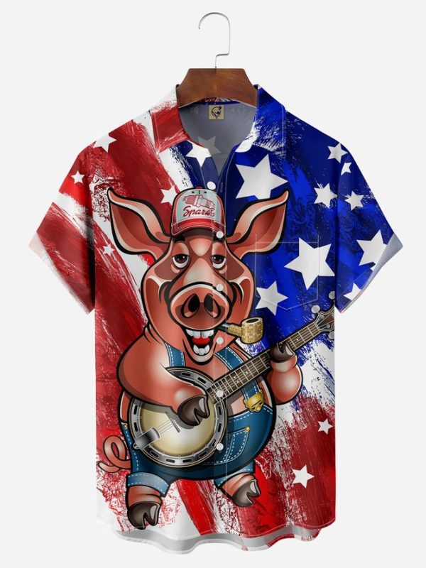 Flag Pig Guitar Chest Pocket Short Sleeve Casual Shirt Hawaiian Shirt Jezsport.com