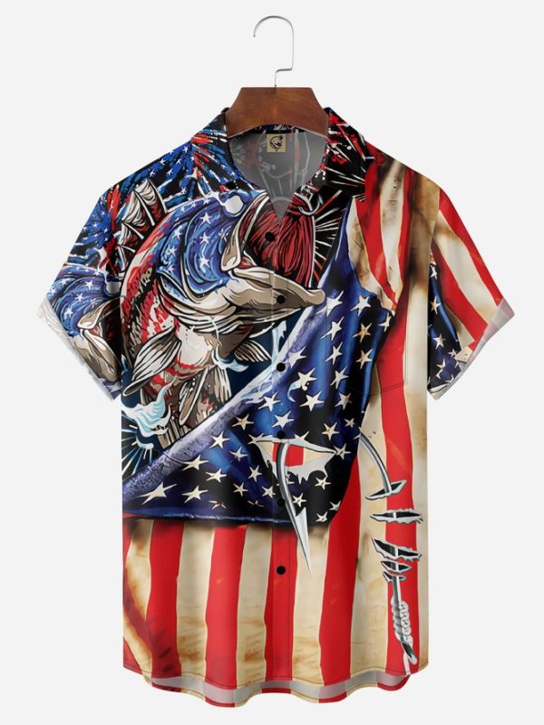 American Flag Fish Chest Pocket Short Sleeve Casual Shirt Hawaiian Shirt Jezsport.com