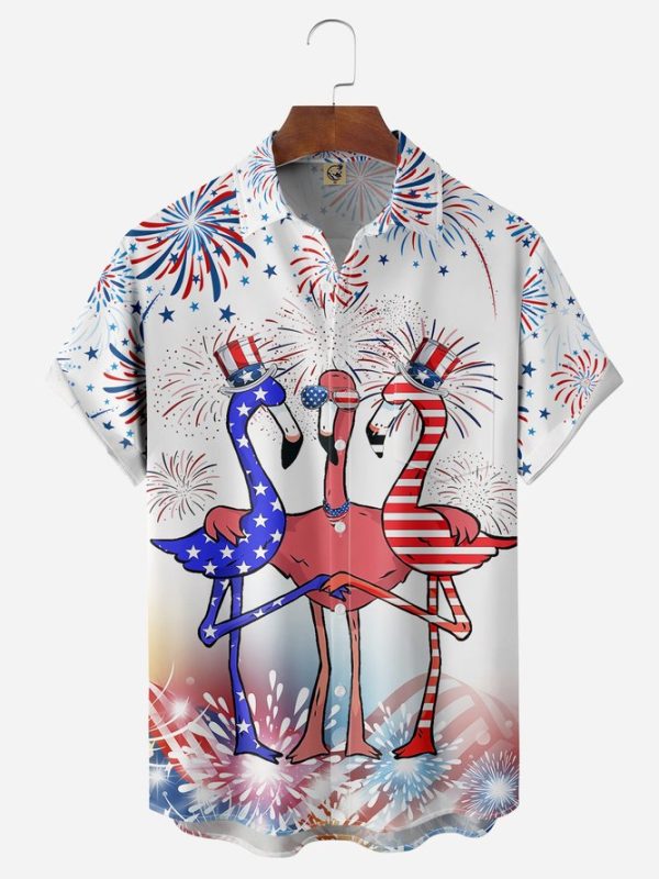 Indepndence Day Flag Flamingo Chest Pocket Short Sleeve Shirt Hawaiian Shirt Jezsport.com