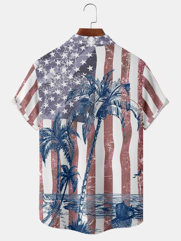 American Flag Coconut Tree Chest Pocket Short Sleeve Hawaiian Shirt Jezsport.com