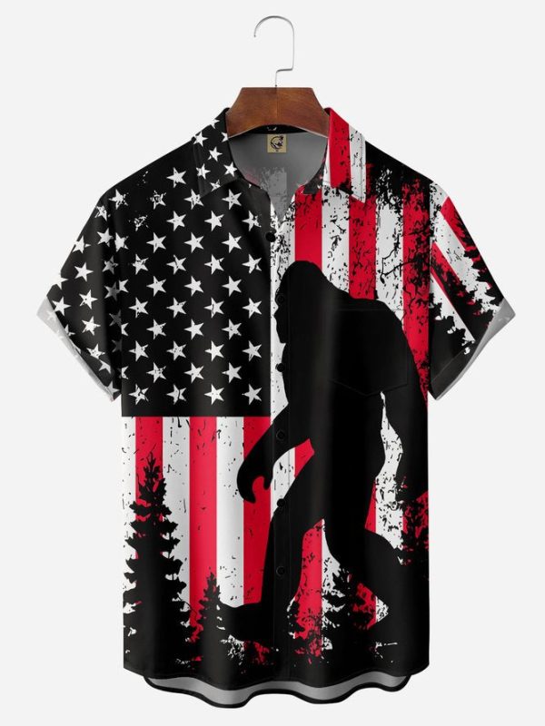 Flag Bigfoot Chest Pocket Short Sleeves Casual Shirt Hawaiian Shirt Jezsport.com