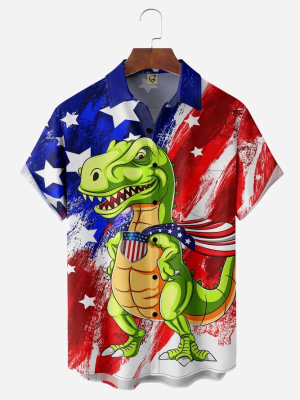 American Flag Dinosaur Chest Pocket Short Sleeve Casual Shirt Hawaiian Shirt Jezsport.com