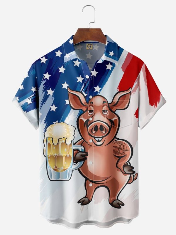 Flag Pig Chest Pocket Short Sleeve Casual Shirt Hawaiian Shirt Jezsport.com