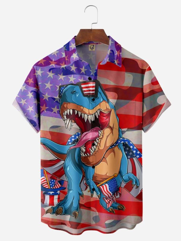 American Flag Dinosaur Chest Pocket Short Sleeve Casual Shirt Hawaiian Shirt Jezsport.com