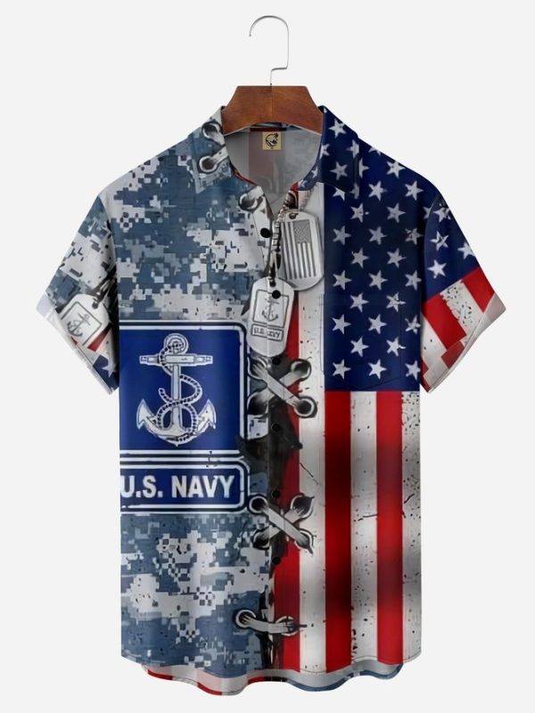 Veterans Navy Chest Pocket Short Sleeve Casual Shirt Hawaiian Shirt Jezsport.com