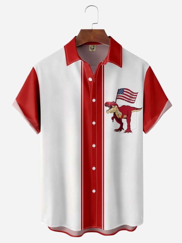 American Flag Dinosaur Chest Pocket Short Sleeve Bowling Shirt Hawaiian Shirt Jezsport.com