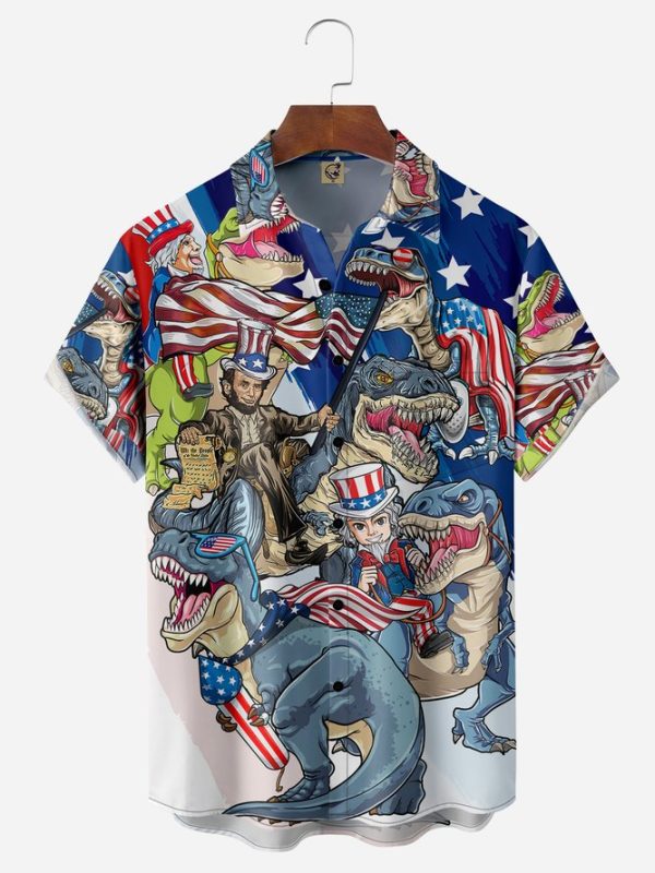 Memorial Day Flag Dinosaur Chest Pocket Short Sleeve Shirt Hawaiian Shirt Jezsport.com