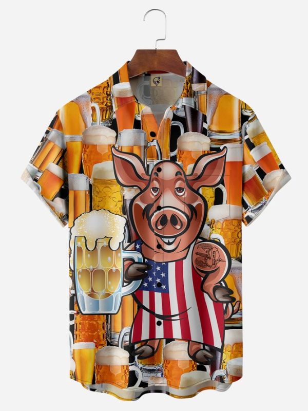 Cheers Beer Pig Chest Pocket Short Sleeve Shirt Hawaiian Shirt Jezsport.com