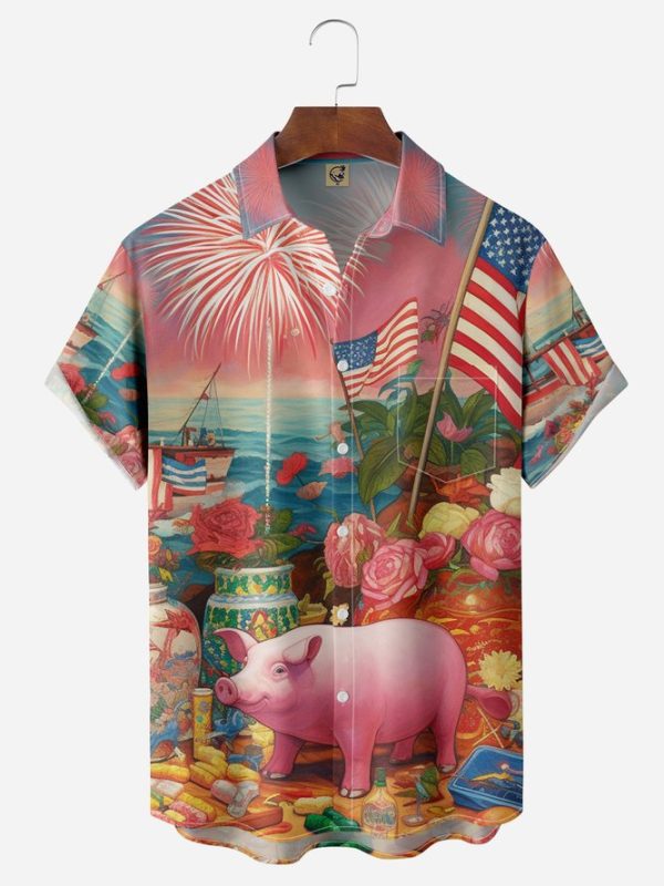 USA Flag Pig Chest Pocket Short Sleeve Casual Shirt Hawaiian Shirt Jezsport.com