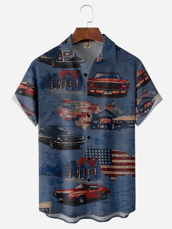 American Flag Car Chest Pocket Short Sleeves Casual Shirts Hawaiian Shirt Jezsport.com