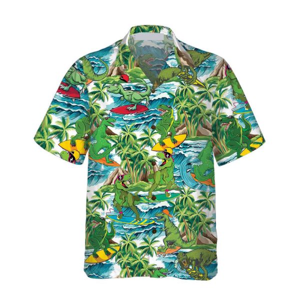 Surfing Dinosaur Hawaiian Shirt, Funny Dinosaur Shirt Jezsport.com